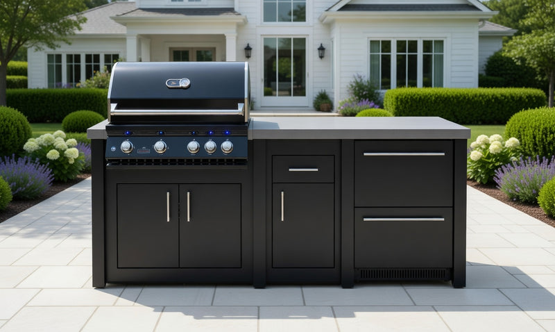 Stoll Aluminum Outdoor Kitchen Black, Whistler 34-Inch 4-Burner Gas Grill, and Double Drawer Fridge | 8FT