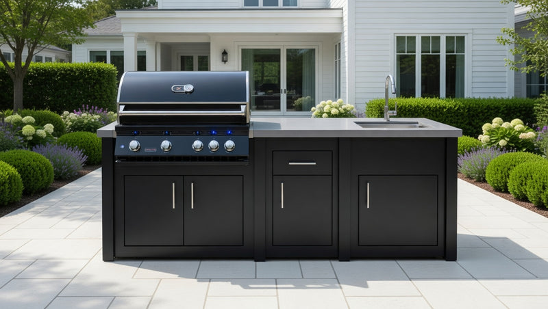 Stoll Aluminum Outdoor Kitchen Black, Whistler 34-Inch 4-Burner Gas Grill, and Sink | 8FT