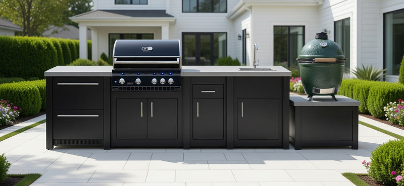 Stoll Aluminum Outdoor Kitchen Black Whistler 34-Inch 4-Burner Gas Grill Sink, and Double Drawer Fridge and Green Egg | 13FT