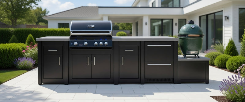 Stoll Aluminum Outdoor Kitchen Black, Whistler 34-Inch 4-Burner Gas Grill, and Double Drawer Fridge and Green Egg | 13FT