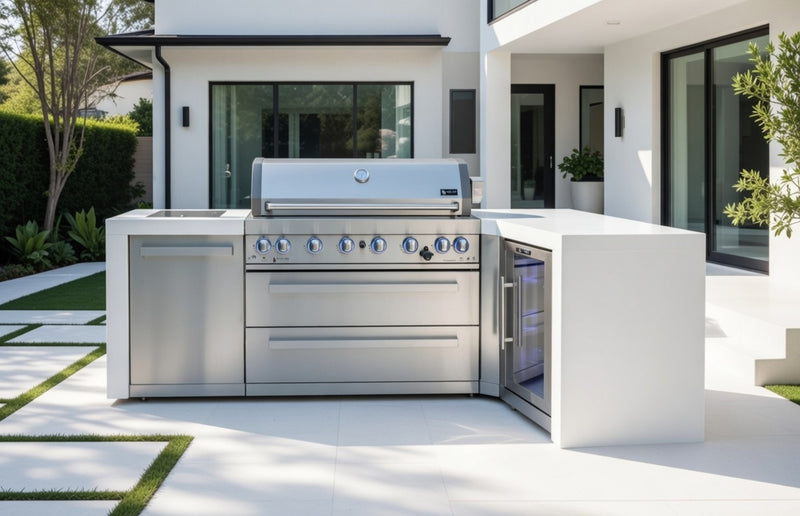 Mont Alpi 6-burner Deluxe Island with a 90-degree corner and a fridge cabinet MAi805-D90FC - 94''