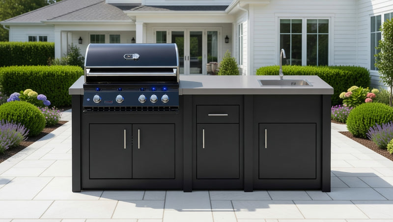 Stoll Aluminum Outdoor Kitchen Black, Whistler 34-Inch 4-Burner Gas Grill, and Sink | 8FT