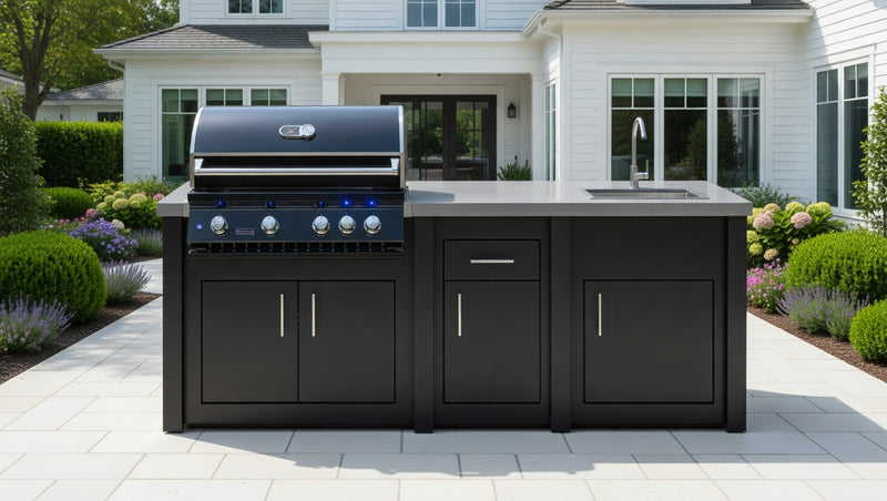 Stoll Aluminum Outdoor Kitchen Black, Whistler 34-Inch 4-Burner Gas Grill, and Sink | 8FT