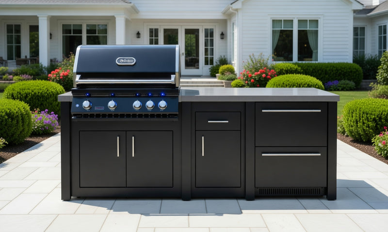 Stoll Aluminum Outdoor Kitchen Black, Whistler 34-Inch 4-Burner Gas Grill, and Double Drawer Fridge | 8FT