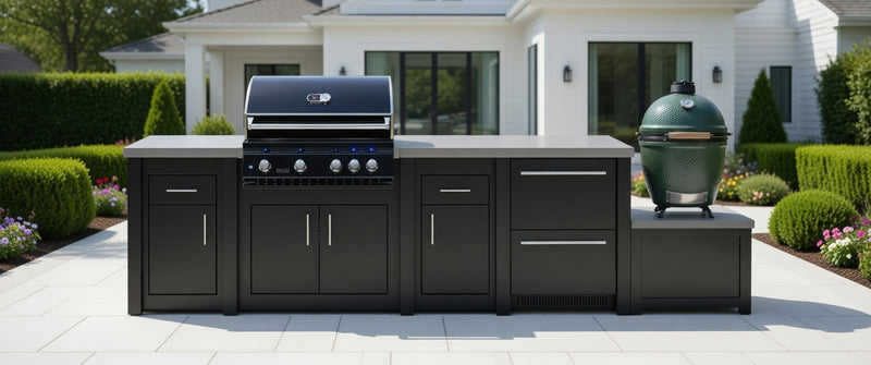 Stoll Aluminum Outdoor Kitchen Black, Whistler 34-Inch 4-Burner Gas Grill, and Double Drawer Fridge and Green Egg | 13FT