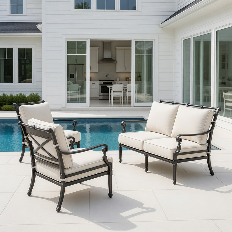 Outdoor Loveseat Set in Slate Finish and Sunbrella Rain Cushions