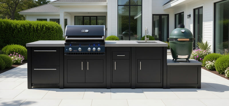 Stoll Aluminum Outdoor Kitchen Black Whistler 34-Inch 4-Burner Gas Grill Sink, and Double Drawer Fridge and Green Egg | 13FT