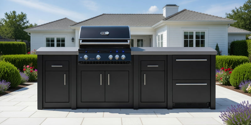 Stoll Aluminum Outdoor Kitchen Black, Whistler 34-Inch 4-Burner Gas Grill, and Double Drawer Fridge | 10FT