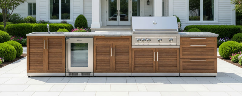 Outdoor Kitchen Stainless Steel 7 Piece Cabinet Set with Sink, Triple Drawer, Bar, Grill Cabinet, Platinum Grill, and Fridge - 13'4''