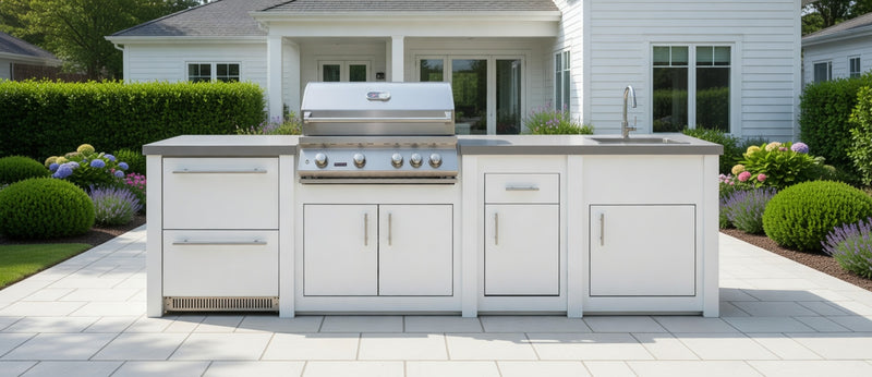 Stoll Aluminum Outdoor Kitchen White, Whistler 34-Inch 4-Burner Gas Grill Sink, and Double Drawer Fridge | 10FT