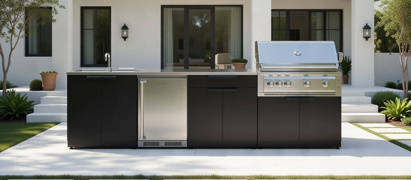 Outdoor Kitchen Black 6 Piece Cabinet Set with Sink, Bar, Grill Cabinet, Platinum Grill, Countertop and Stainless Steel Door Fridge