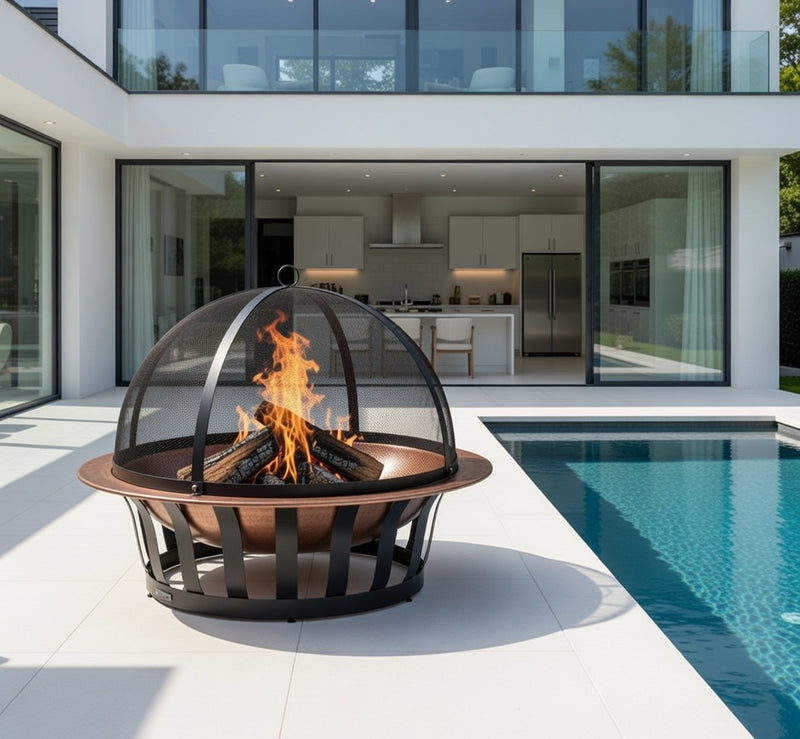 Copper Fire Pit, Sparkguard Set and Weather Cover