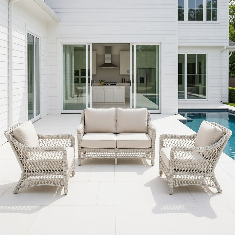 Outdoor Loveseat Set in Ivory Finish and Sunbrella Rain Cushions