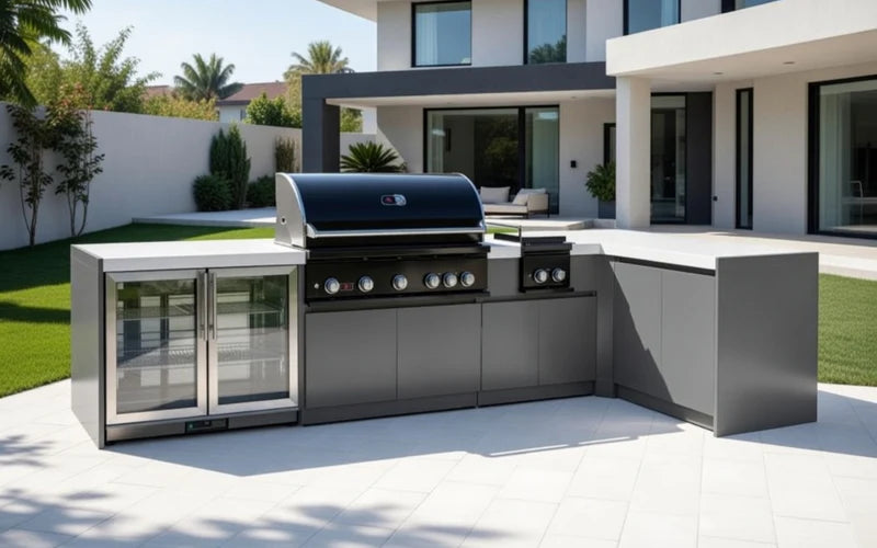 Whistler 5-Burner 140 x 61-Inch Gas Grill Island with 90-Degree Corner, Infrared Rear Burner, Refrigerator, Double Side Burner, and Rotisserie Kit - Black Stainless