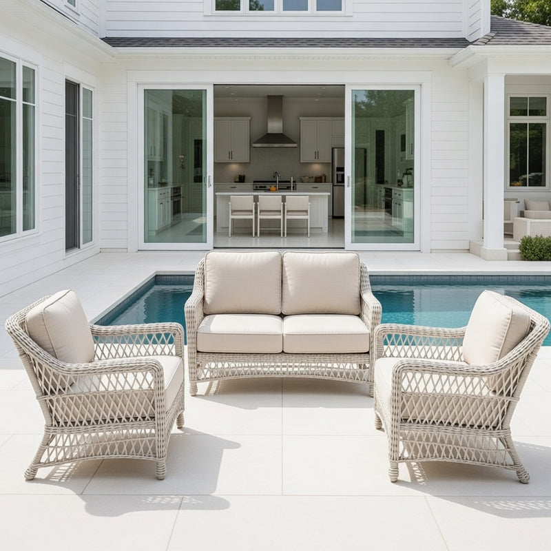 Outdoor Loveseat Set in Ivory Finish and Sunbrella Rain Cushions