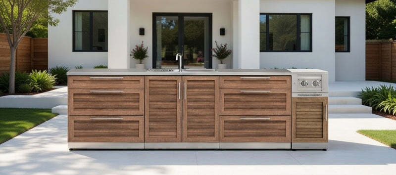 Outdoor Kitchen Stainless Steel Grove Double 3-Drawer, Sink and Side burner