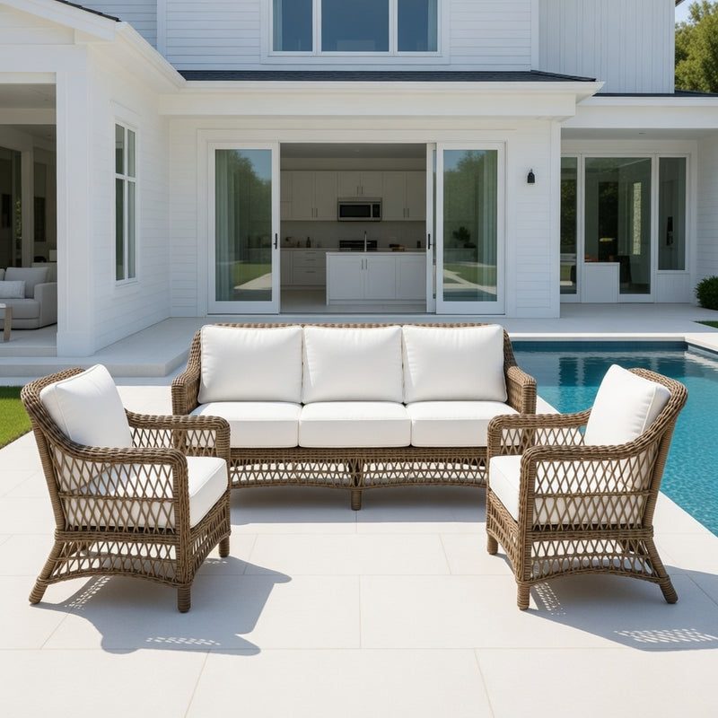 Outdoor Sofa Set in Driftwood Finish and Sunbrella Rain Cushions
