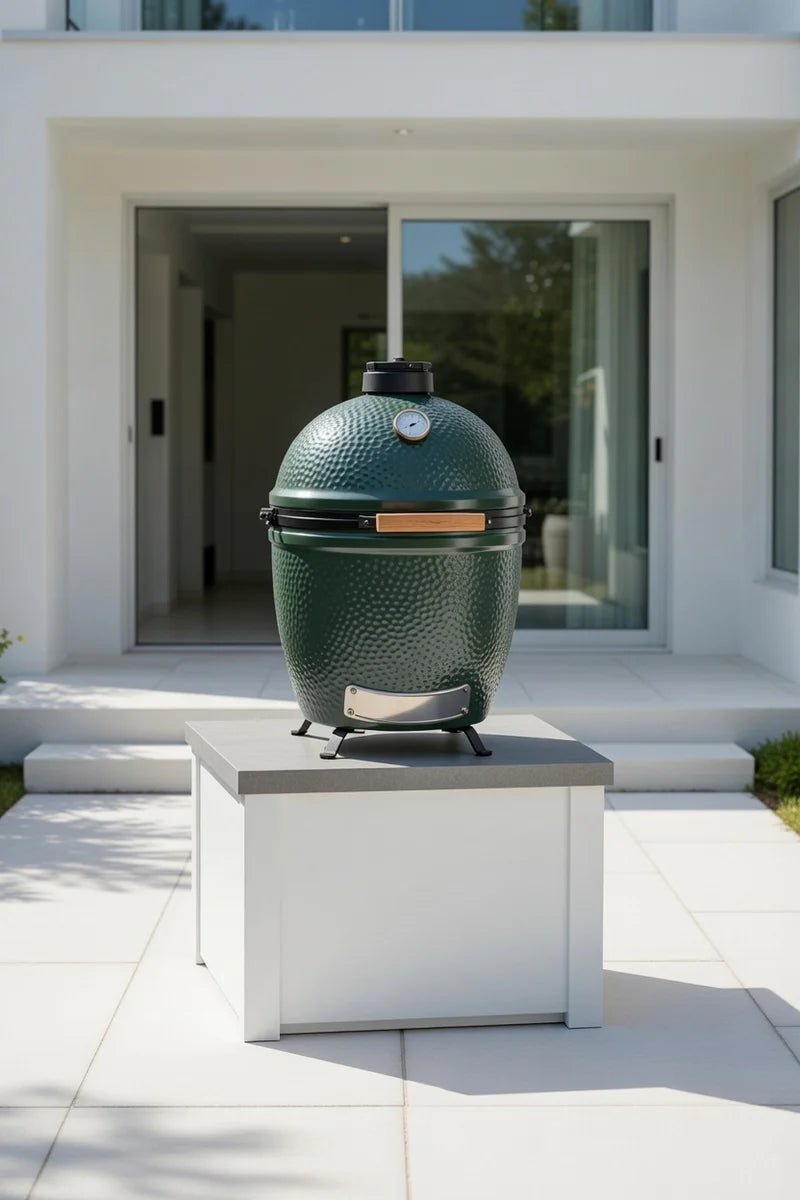 Stoll Aluminum Outdoor Kitchen White, Whistler 34-Inch 4-Burner Gas Grill, and Double Drawer Fridge and Green Egg | 13FT