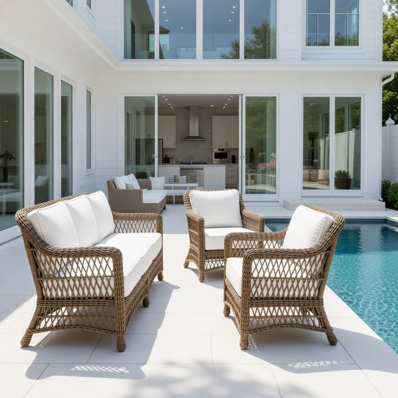 Outdoor Sofa Set in Driftwood Finish and Sunbrella Rain Cushions
