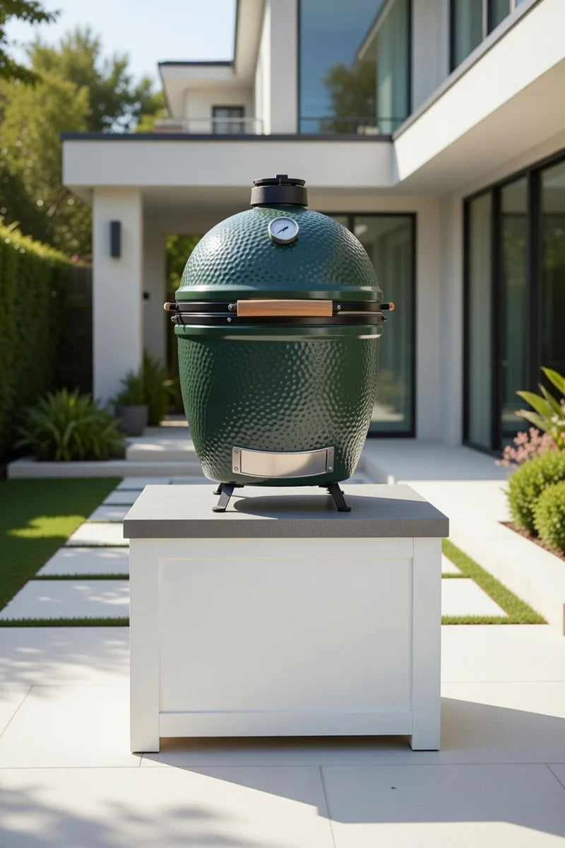 Stoll Aluminum Outdoor Kitchen White, Whistler 34-Inch 4-Burner Gas Grill, and Double Drawer Fridge and Green Egg | 13FT