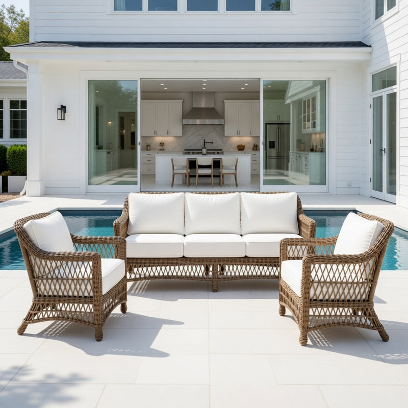 Outdoor Sofa Set in Driftwood Finish and Sunbrella Rain Cushions
