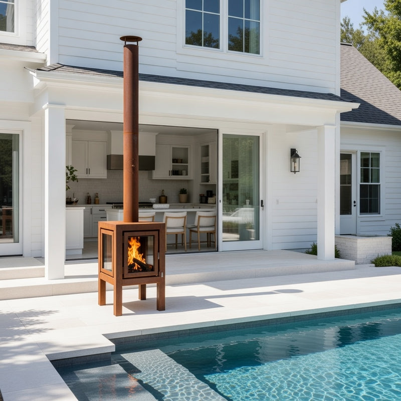 Quaruba MOBILE 3-Sided Glass CorTen Steel Wood-Burning Outdoor Fireplace | RB73