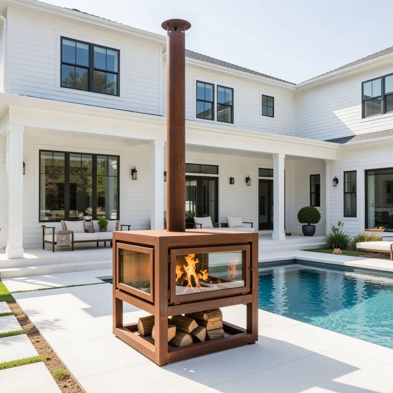 Quaruba MOBILE 4-Sided Glass CorTen Steel Wood-Burning Outdoor Fireplace | RB73