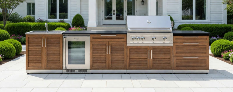 Outdoor Kitchen Stainless Steel 7 Piece Cabinet Set with Sink, Triple Drawer, Bar, Grill Cabinet, Platinum Grill, and Fridge - 13'4''