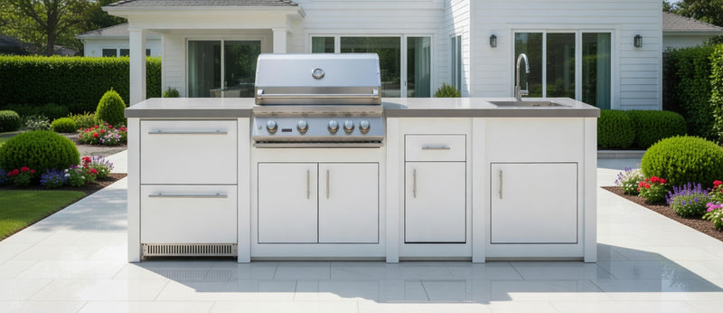 Stoll Aluminum Outdoor Kitchen White, Whistler 34-Inch 4-Burner Gas Grill Sink, and Double Drawer Fridge | 10FT