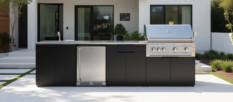 Outdoor Kitchen Black 6 Piece Cabinet Set with Sink, Bar, Grill Cabinet, Platinum Grill, Countertop and Stainless Steel Door Fridge