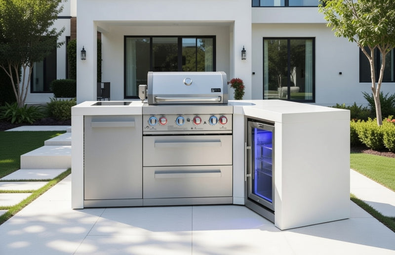 Mont Alpi 4-burner Deluxe Island with a 90-degree corner and a fridge cabinet MAi400-D90FC