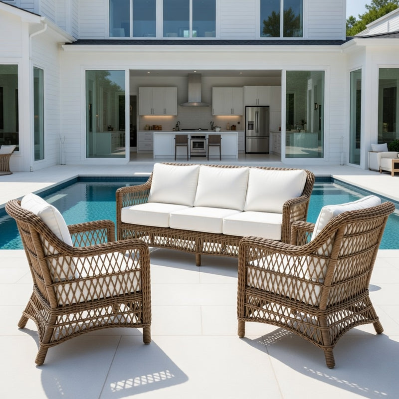 Outdoor Sofa Set in Driftwood Finish and Sunbrella Rain Cushions