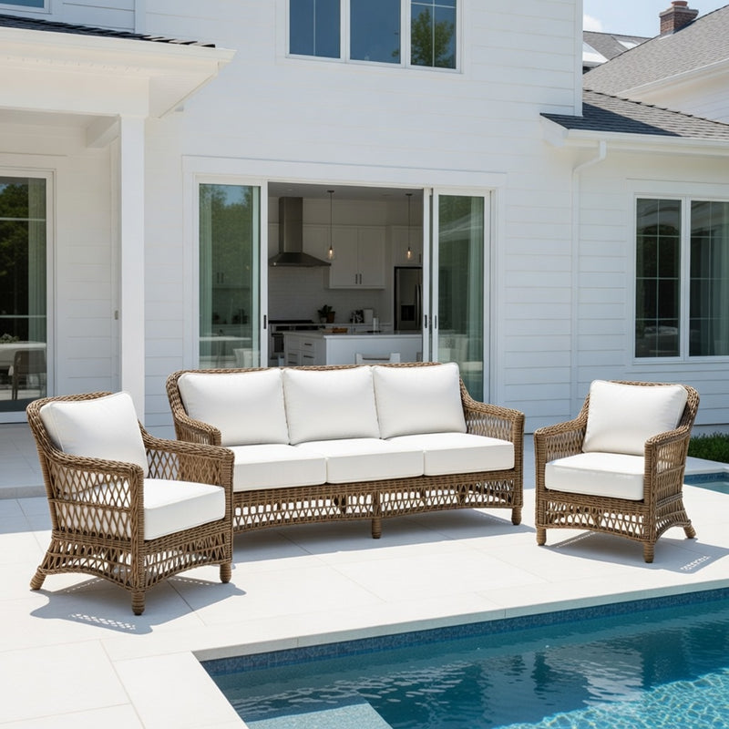 Outdoor Sofa Set in Driftwood Finish and Sunbrella Rain Cushions