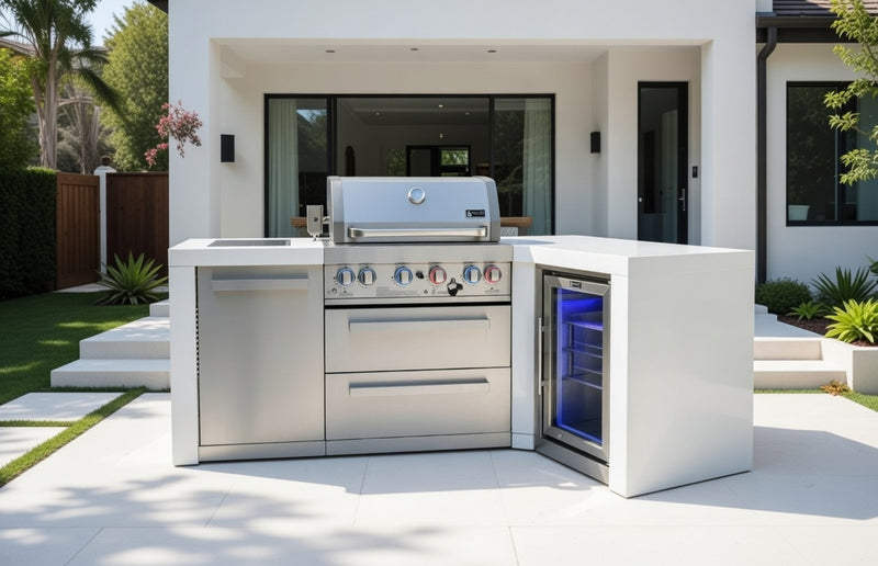 Mont Alpi 4-burner Deluxe Island with a 90-degree corner and a fridge cabinet MAi400-D90FC