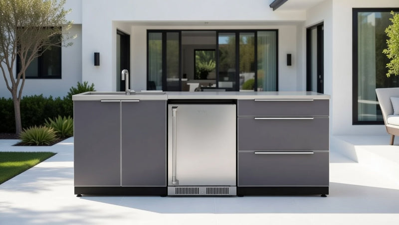 Outdoor Kitchen Aluminum 5 Piece Cabinet Set with 3-Drawer, Sink Cabinet, Countertops and Fridge