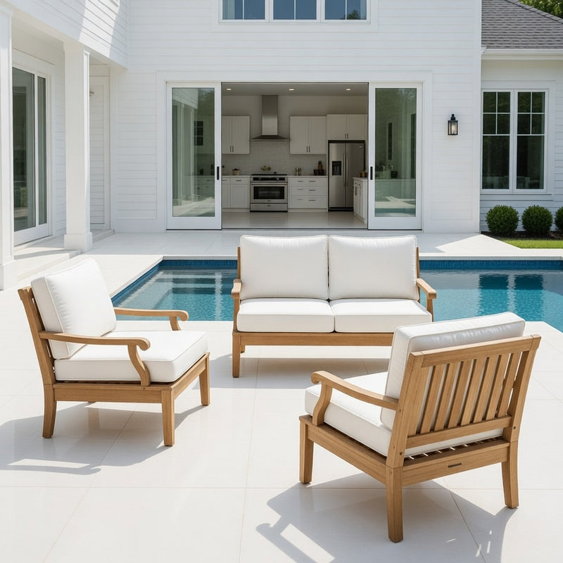 Outdoor Loveseat Set in Natural finish and Sunbrella Rain Cushions