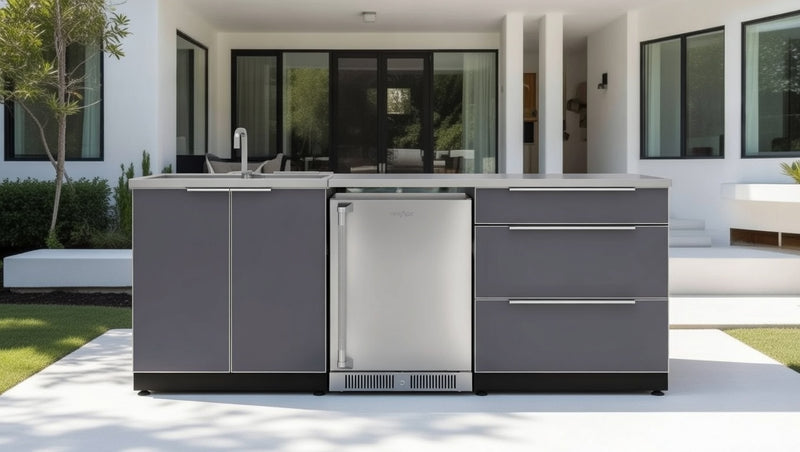 Outdoor Kitchen Aluminum 5 Piece Cabinet Set with 3-Drawer, Sink Cabinet, Countertops and Fridge