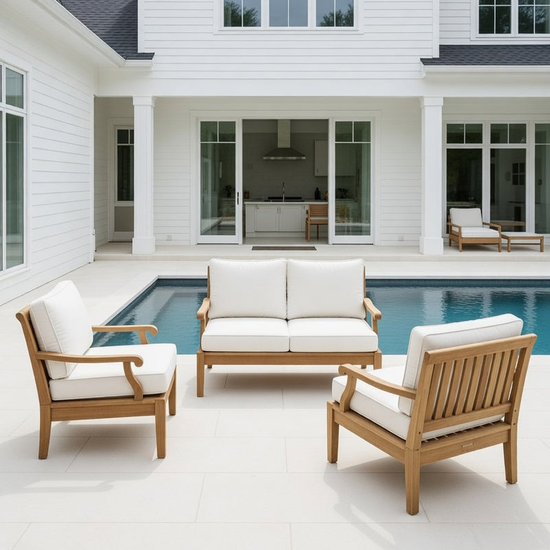 Outdoor Loveseat Set in Natural finish and Sunbrella Rain Cushions