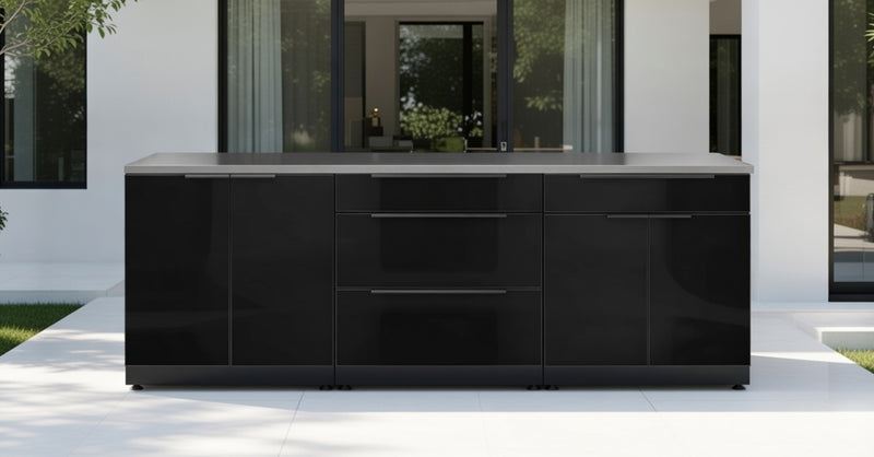 Outdoor Kitchen Black Aluminum 3 Piece Cabinet Set with 2-Door, 3-Drawer and Bar Cabinet