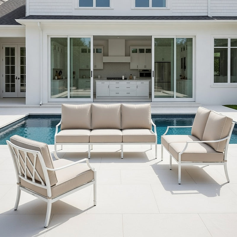 Outdoor Sofa Set in White Aluminum and Sunbrella Rain Cushions
