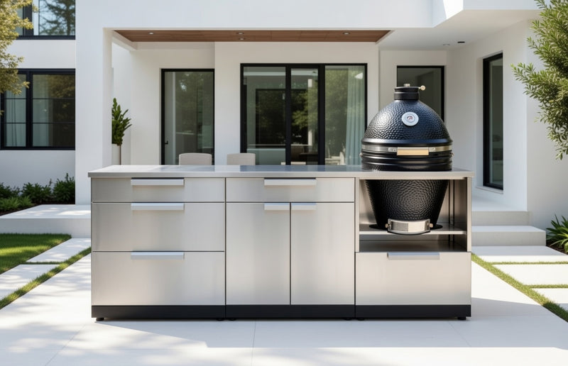Outdoor Kitchen Stainless Steel 4 Piece Cabinet Set with 3-Drawer, Bar and Kamado Cabinet + Kamado