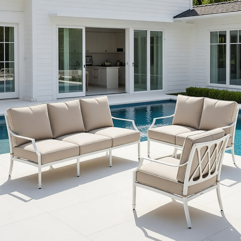 Outdoor Sofa Set in White Aluminum and Sunbrella Rain Cushions