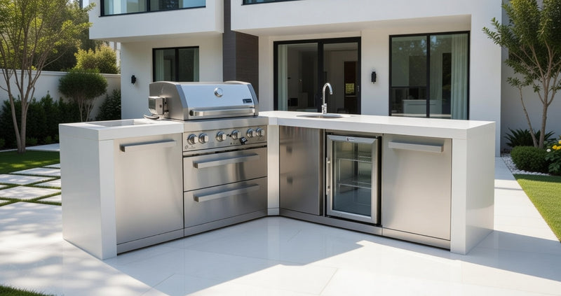 Mont Alpi 4-burner Deluxe Island featuring a 90-degree corner and beverage center MAi400-D90BEV - 82''-88''