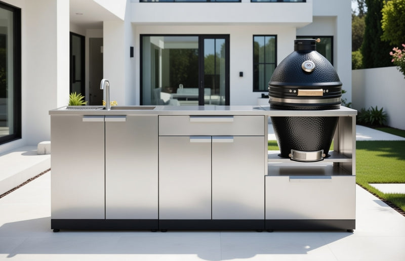 Outdoor Kitchen Stainless Steel 4 Piece Cabinet Set with Bar, Sink and Kamado Cabinet + Kamado