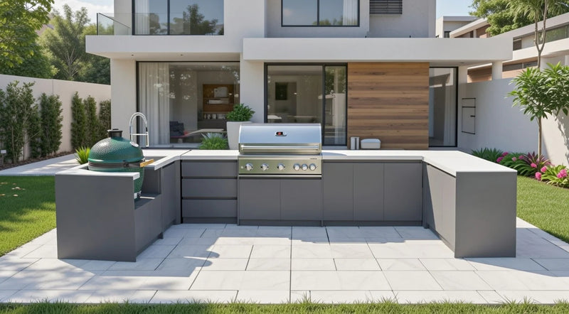 Whistler Fairford Grey U Shape Outdoor Kitchen Burford 5 Burner Barbecue and Green Egg