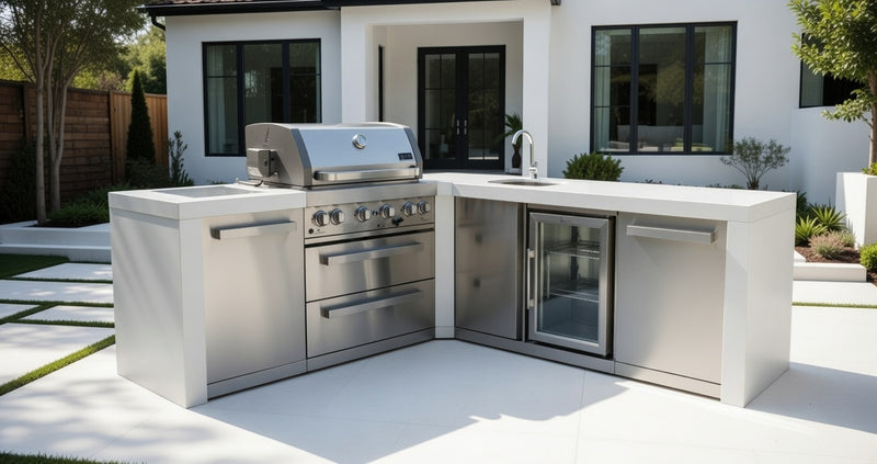 Mont Alpi 4-burner Deluxe Island featuring a 90-degree corner and beverage center MAi400-D90BEV - 82''-88''