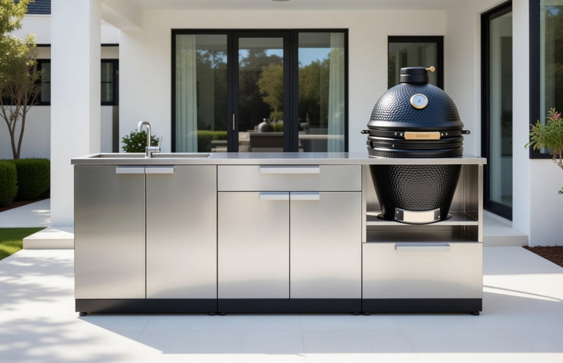 Outdoor Kitchen Stainless Steel 4 Piece Cabinet Set with Bar, Sink and Kamado Cabinet + Kamado