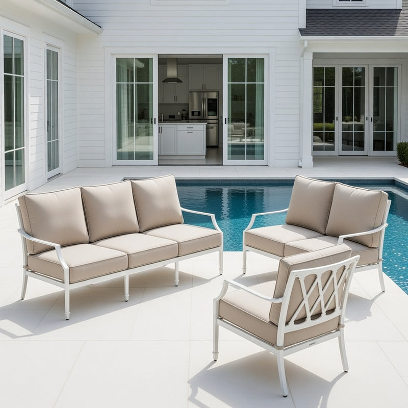 Outdoor Sofa Set in White Aluminum and Sunbrella Rain Cushions