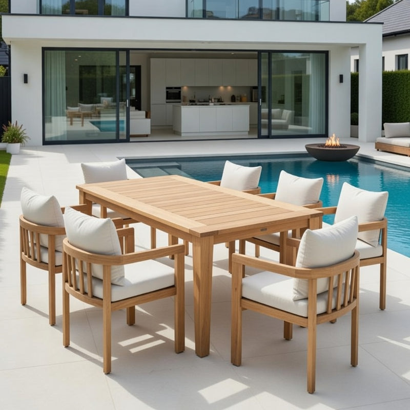 Rectangular Dining Set with Cushions in Natural Teak