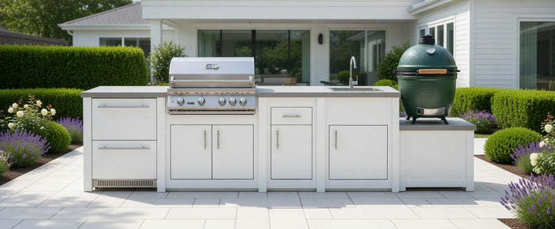 Stoll Aluminum Outdoor Kitchen White, Whistler 34-Inch 4-Burner Gas Grill Sink, and Double Drawer Fridge and Green Egg | 13FT